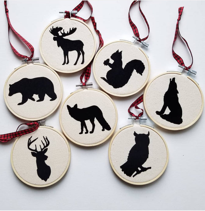 Set of seven woodland animals Christmas Ornaments with red/black hanging ribbon