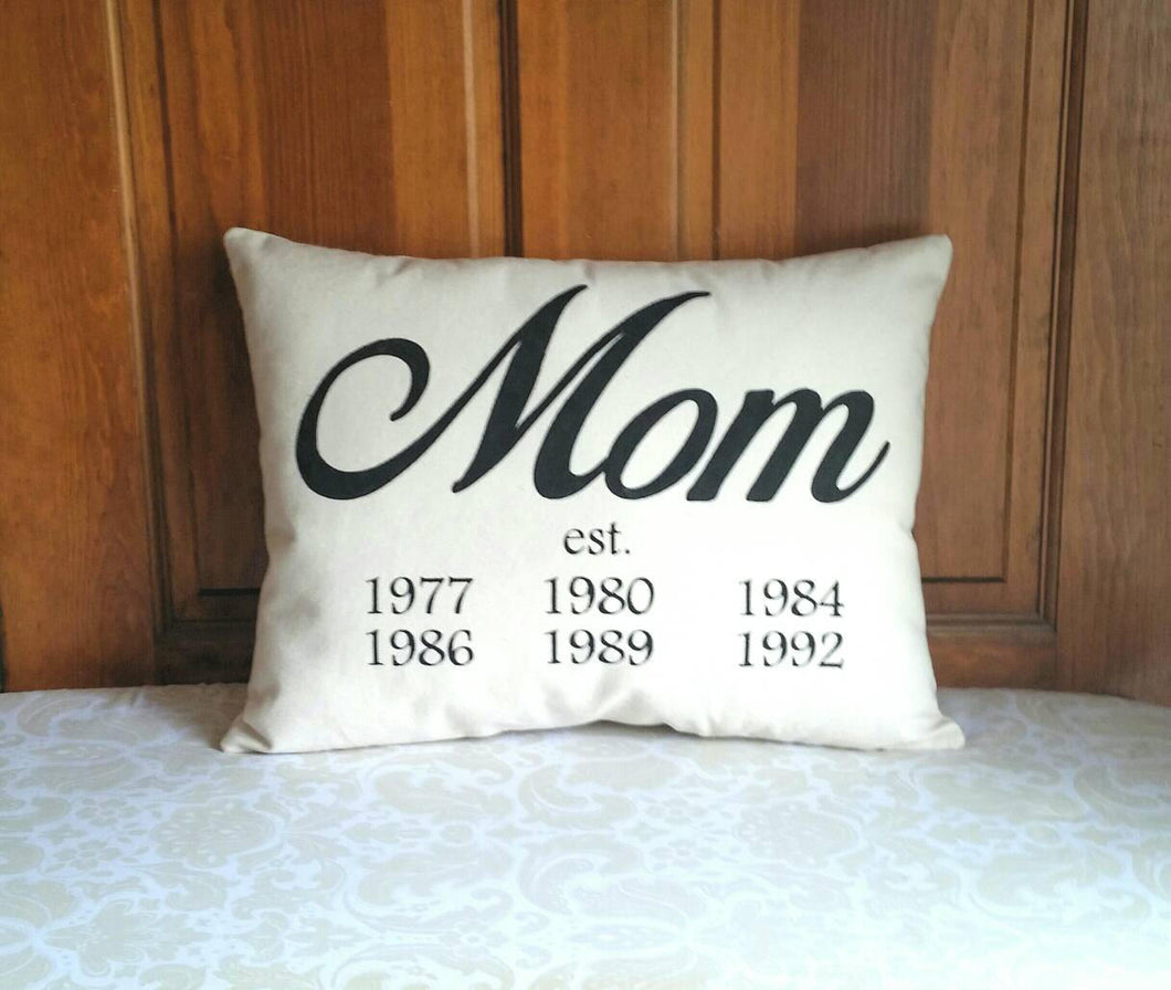 customizable mom established date pillow, leaning against a wooden door