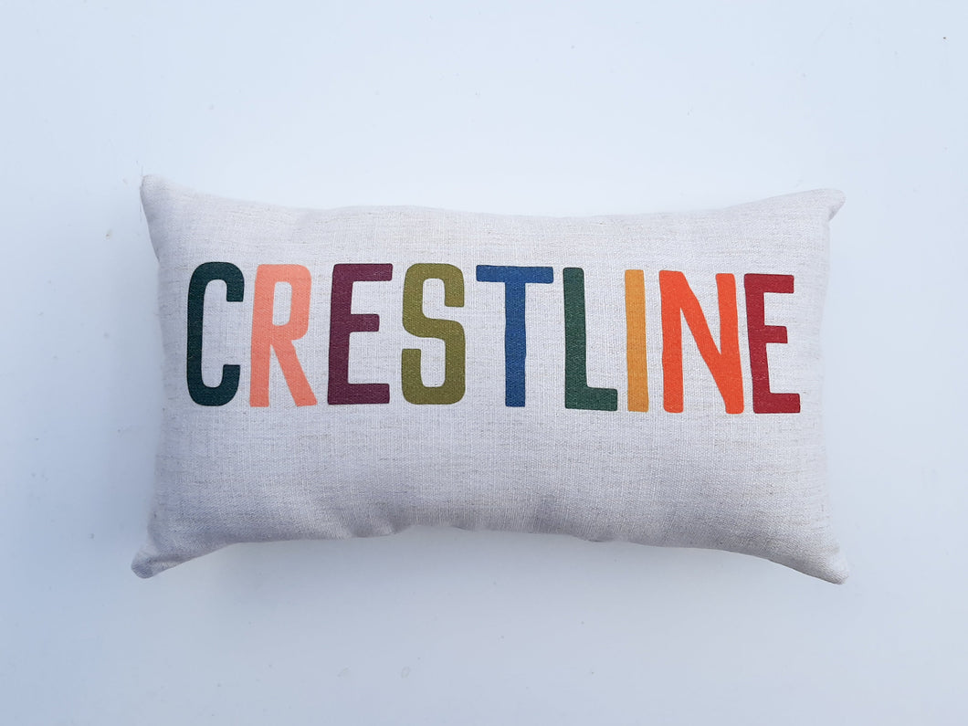 customized town name colorful modern farmhouse lumbar pillow, against a white background
