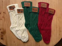 Personalized Cable Knit Christmas Stockings with Engraved Leather Patch