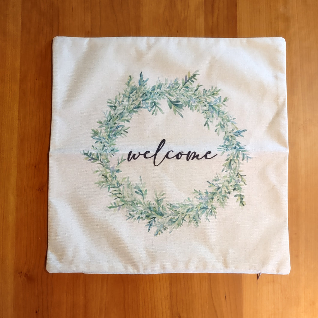 Welcome Floral Wreath Pillow Cover - Clearance