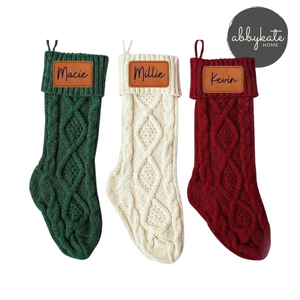 Personalized Cable Knit Christmas Stockings with Engraved Leather Patch