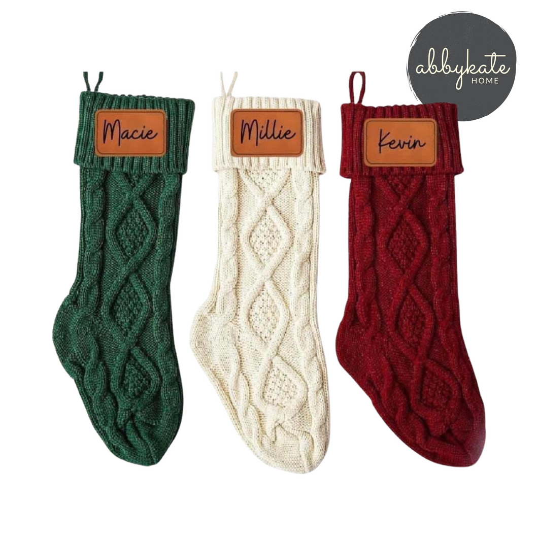 Personalized Cable Knit Christmas Stockings with Engraved Leather Patch