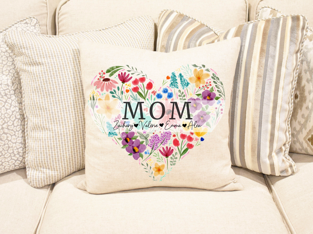 Floral Watercolor Heart Personalized Mom Pillow