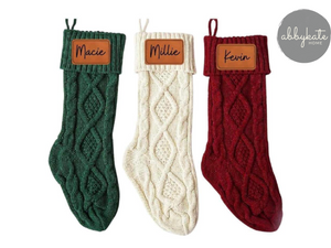 Personalized Cable Knit Christmas Stockings with Engraved Leather Patch