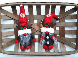 Mr and Mrs Rudolph Gnome Set sitting inside a woven basket