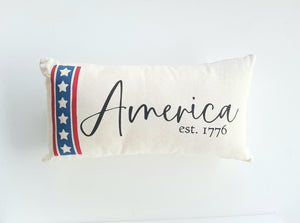 decorative America pillow laying on a white background 