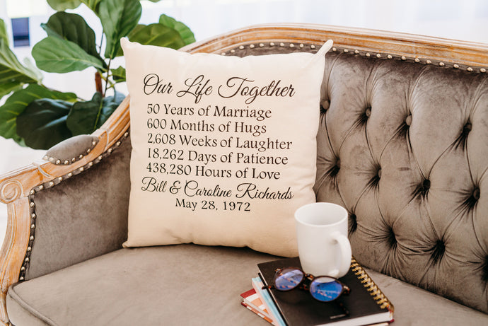 Our Life Together 50 years of marriage personalized pillow on soft grey sofa