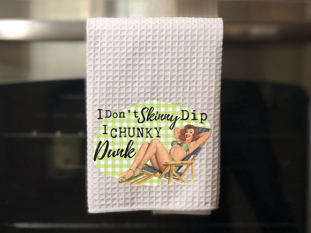 Retro Girl Funny Tea Towel, Chunky Dunk, hanging on an oven door
