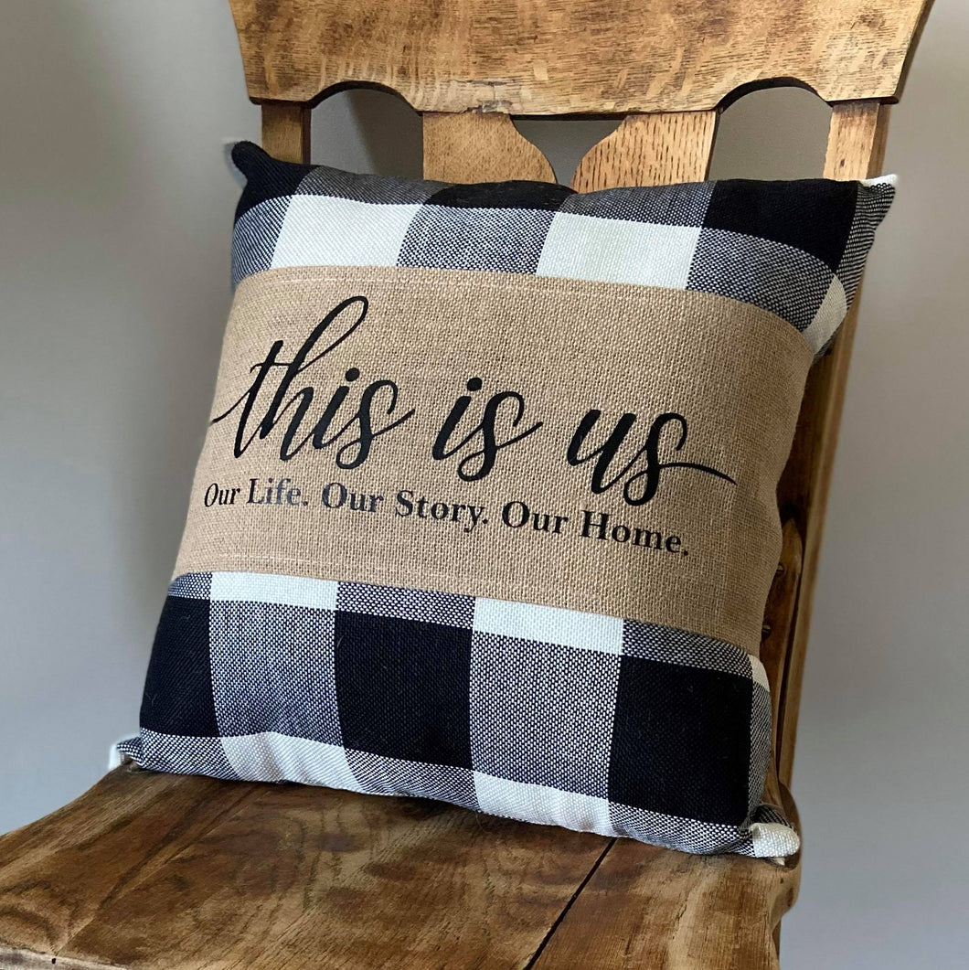custom burlap wrap pillow on a brown chair