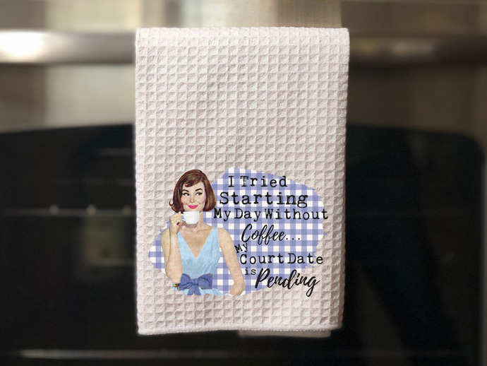 Retro Girl Funny Tea Towel, Coffee Court Date, hanging on an oven door