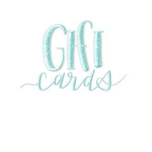 sparkly blue text that reads Gifts Cards on a white background 