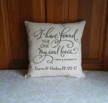 customizable I have found the onemy soul loves | Song of Solomon 3:4 wedding pillow, leaning against a wooden door