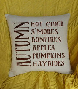 Smore's, Bonfires, Apples, Pumpkins, Hayrides Pillow | Autumn Decor