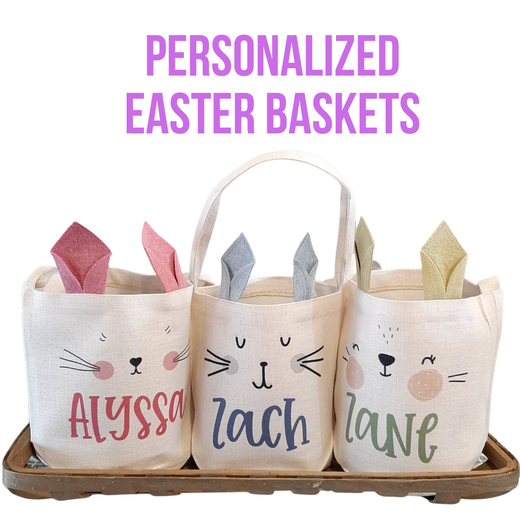 Personalized Easter Basket with Bunny Ears all sitting inside a basket 